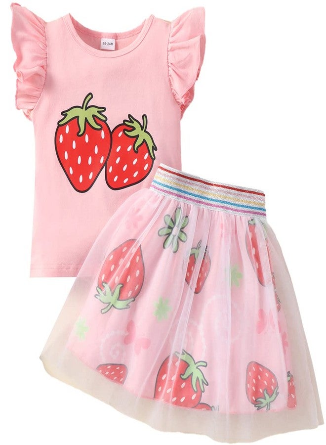 RETSUGO Girls Skirt and Top Set Flutter Sleeve Strawberry Shirt Tulle Skirts Set Kids Tutu Dress Toddler 2PC Fruit Print School Outfits 5-6 Yeras - Image 1